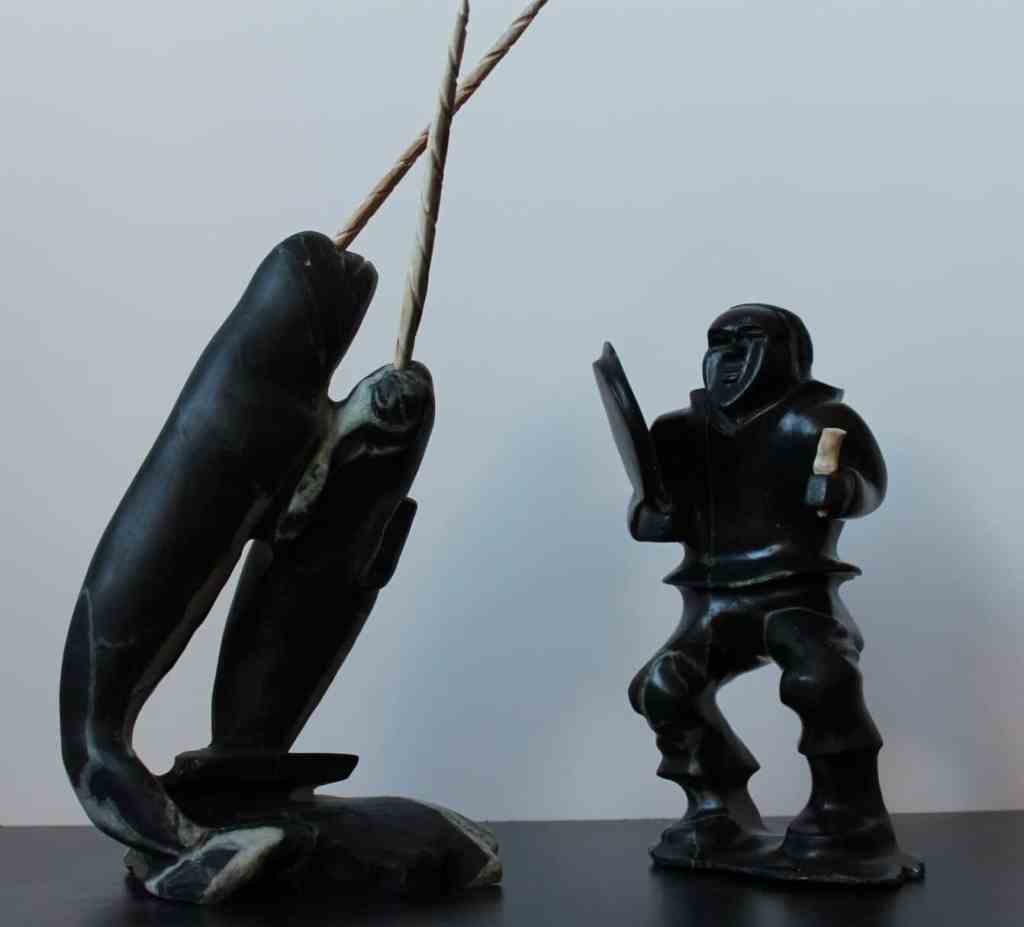 Carvings May 5 2012 Two of the carvings recently purchased by the author. Narwhals are by Michael Arviyut, Drum Dancer by Lucien Kabvitok.