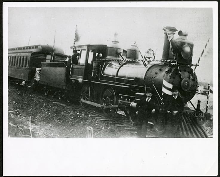 Train crew and steam locomotive engine, no. 3, Newfoundland, c. 1890s.