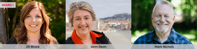 Ward 1 candidates photos in alphabetical order: Jill Bruce, Jenn Deon, and Mark Nichols.