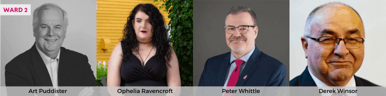 Ward 2 candidates in alphabetical order: Art Puddister, Ophelia Ravencroft, Peter Whittle, and Derek Winsor